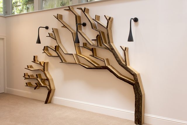wall art tree shelf design and installation by bespoak interiors