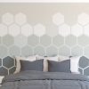 Painted gradient hexagon feature wall Farrow and Ball Downpipe Manor House Gray and Pavillion Gray mixed hexagon colour wall feature