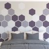 Painted hexagon feature wall Farrow and Ball Pelt Brassica and Calluna mixed hexagon colour wall feature