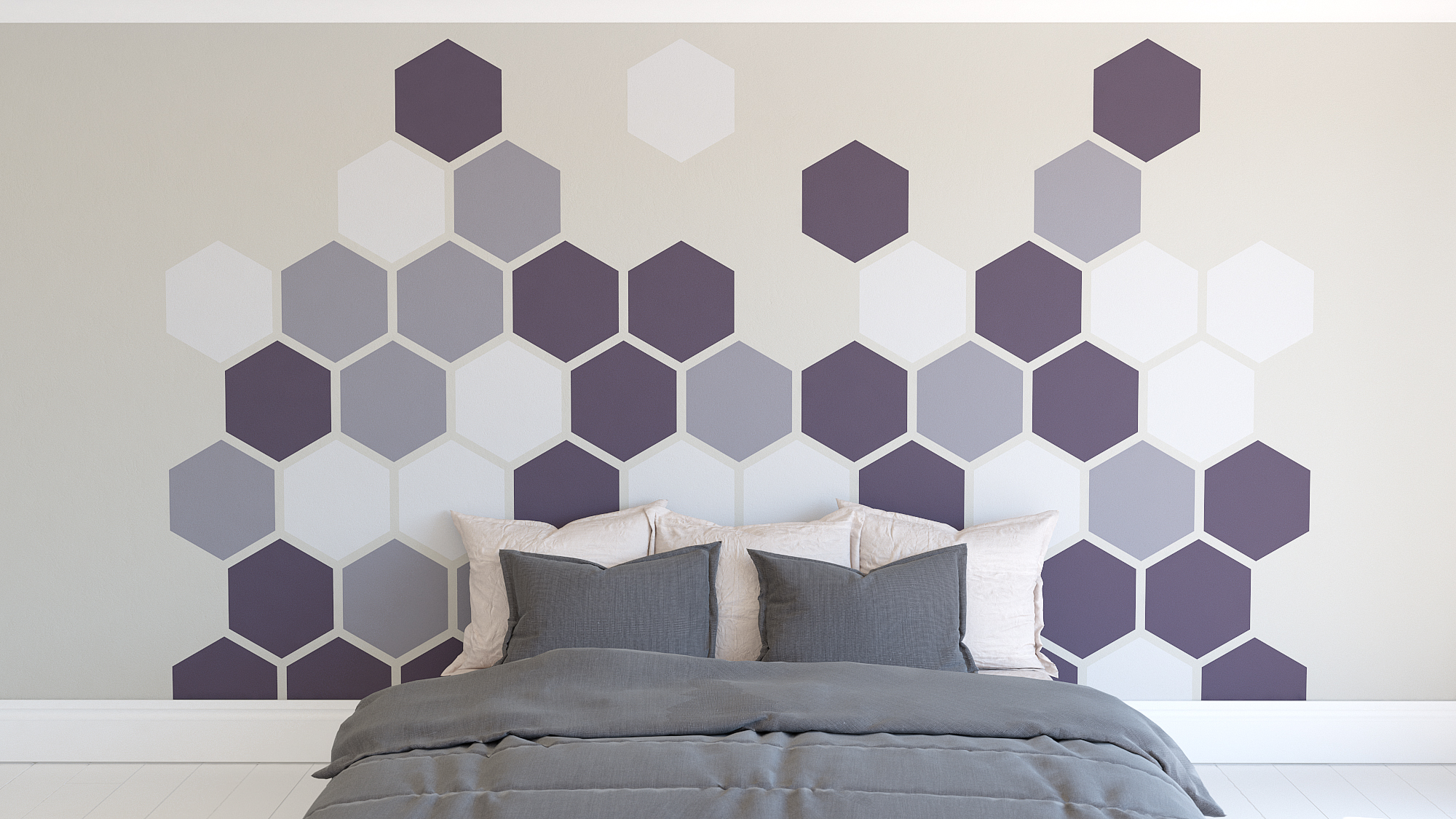 Painted hexagon feature wall Farrow and Ball Pelt Brassica and Calluna mixed hexagon colour wall feature